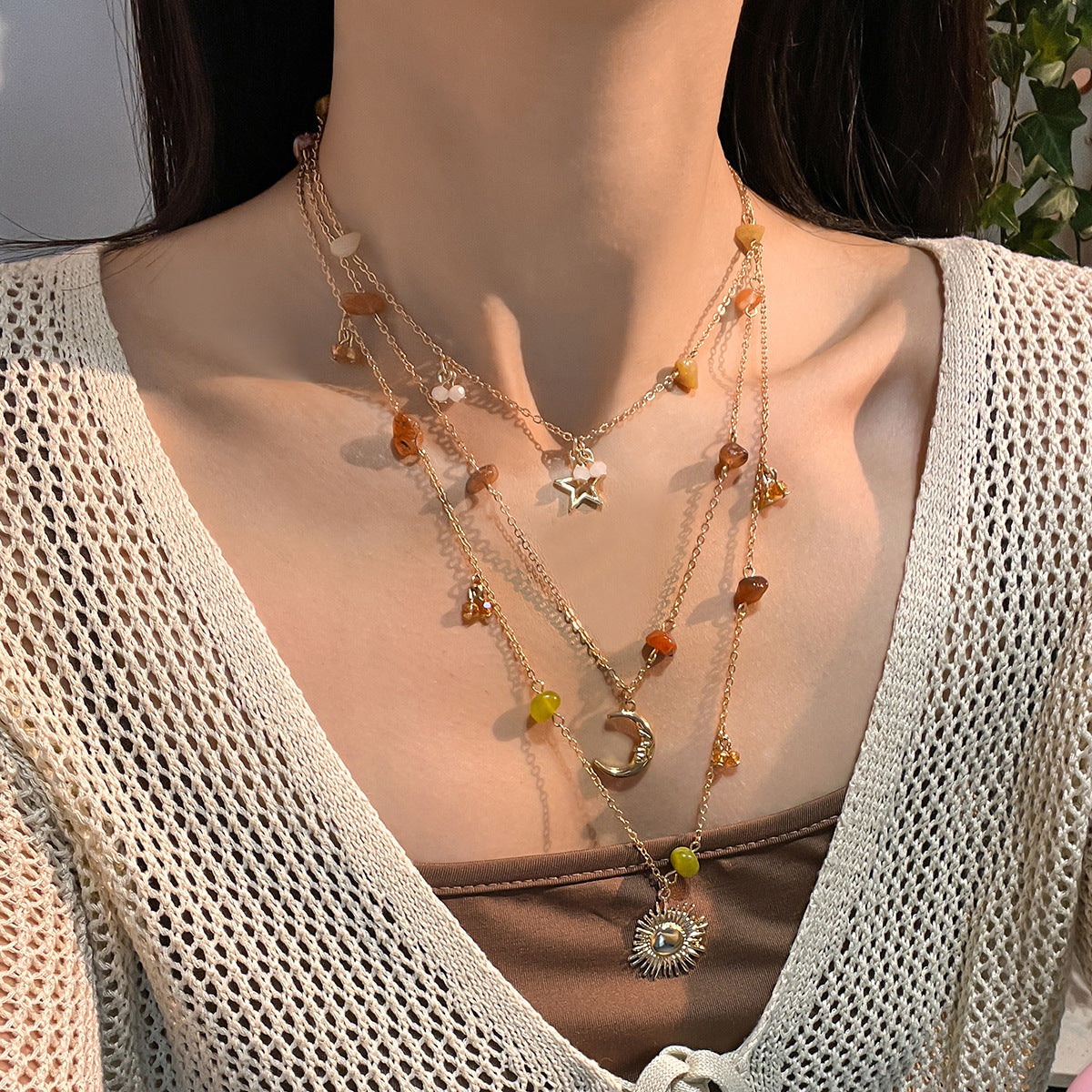 🪨 Necklace Set + Stone Bead Tassel Layered Necklace – Boho Chic Style