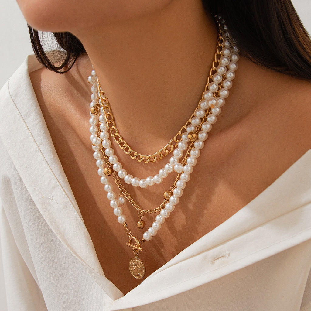 ⚪ Necklace + Elegant Pearl Beaded Necklace – Aluminum Chain Multi-Layer Look
