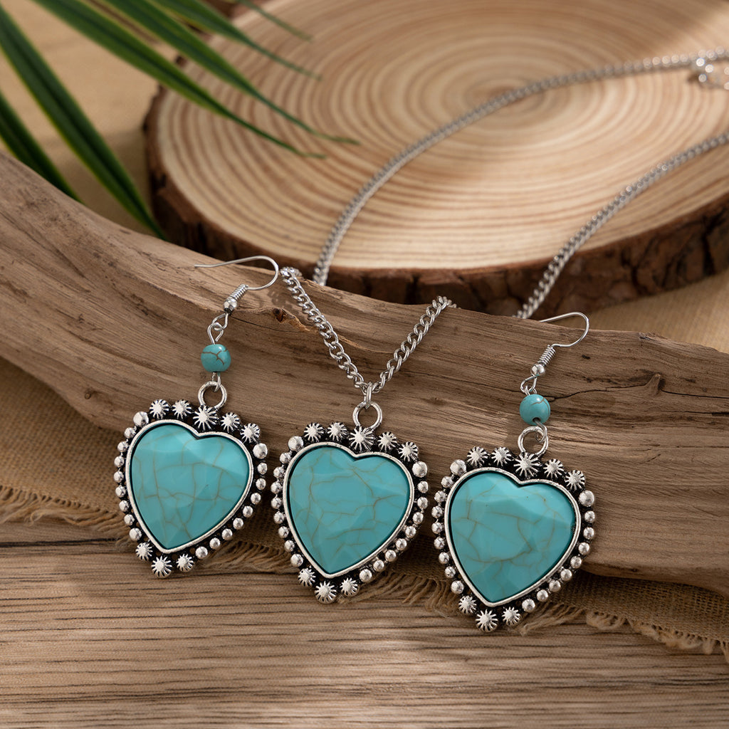 🌴 Necklace Set + Turquoise Coconut Tree Pendant – Heart Charm Summer Set
