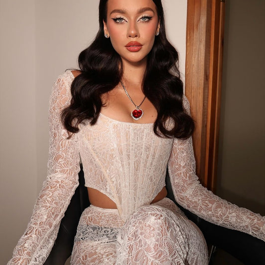 🌶 Spicy｜Boned Lace Lace-Up Sheer Mesh Deep V Long Sleeve Top