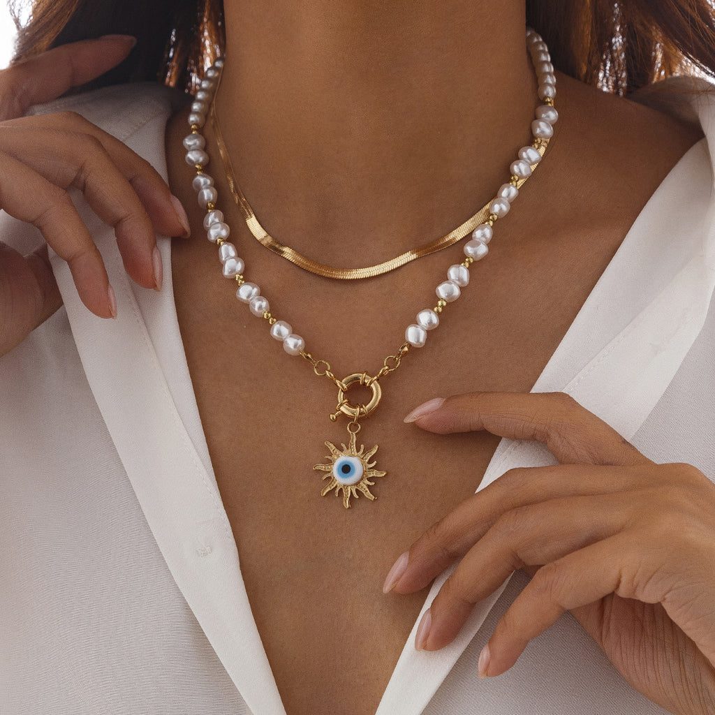 🐚 Necklace + Tribal Pearl Necklace With Sun Eye Pendant – Ethnic Style