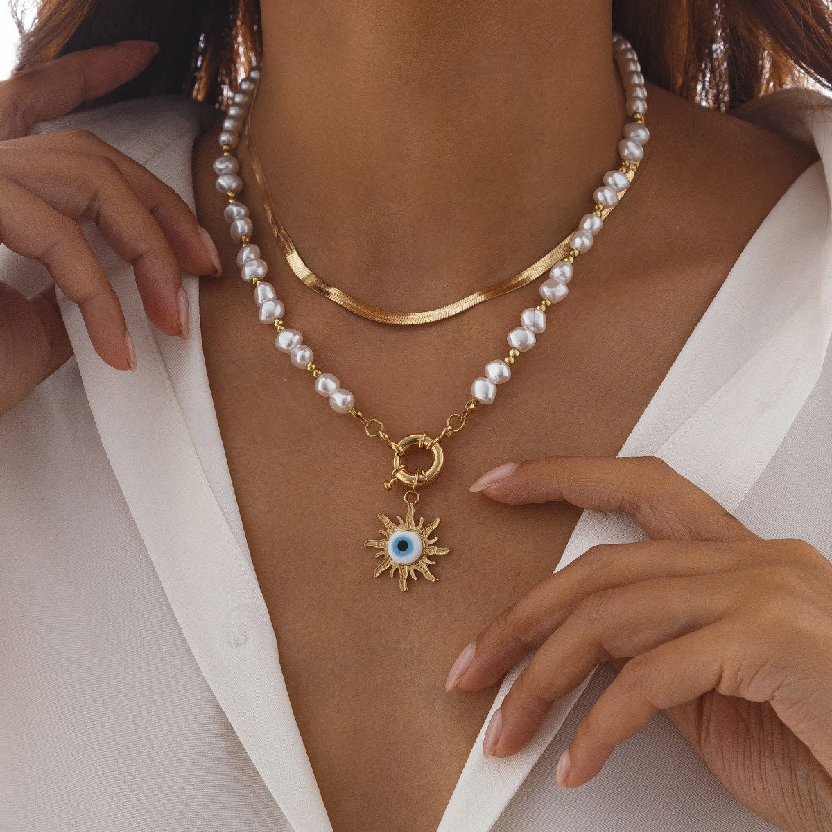 🐚 Necklace + Tribal Pearl Necklace With Sun Eye Pendant – Ethnic Style