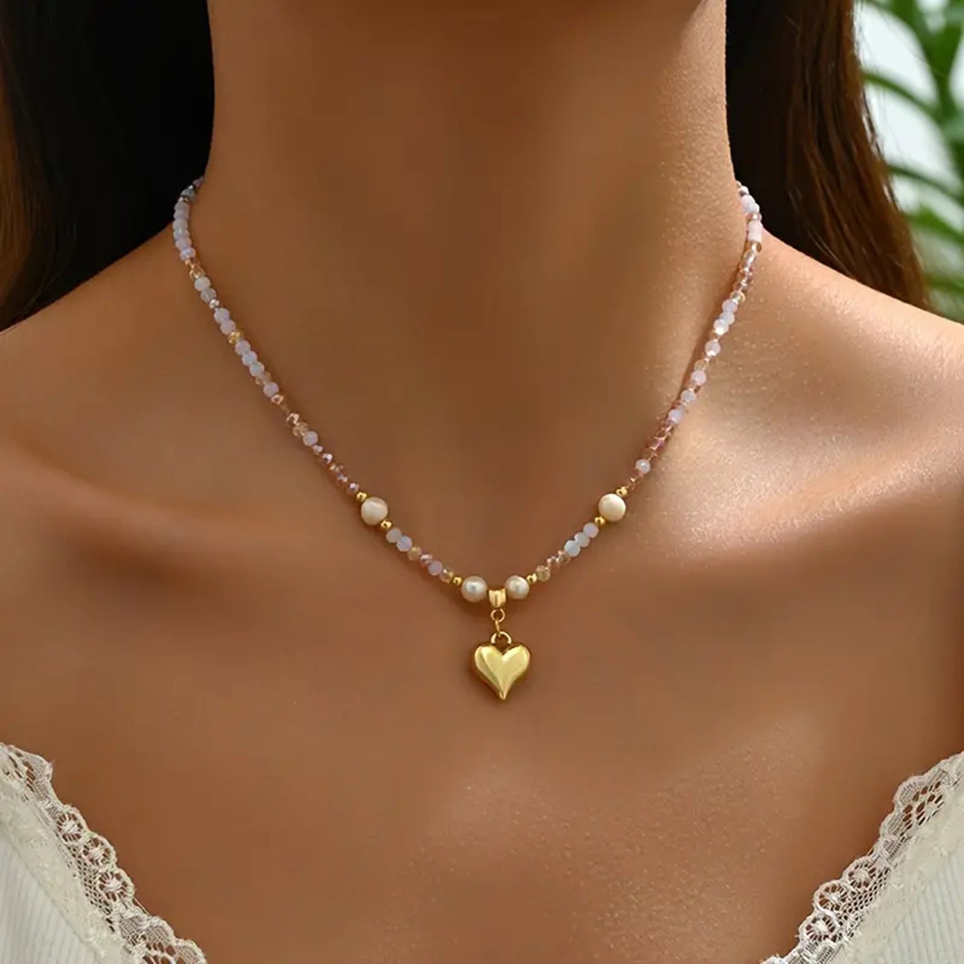 💖 Necklace + Beaded Freshwater Pearl Heart Layered Necklace