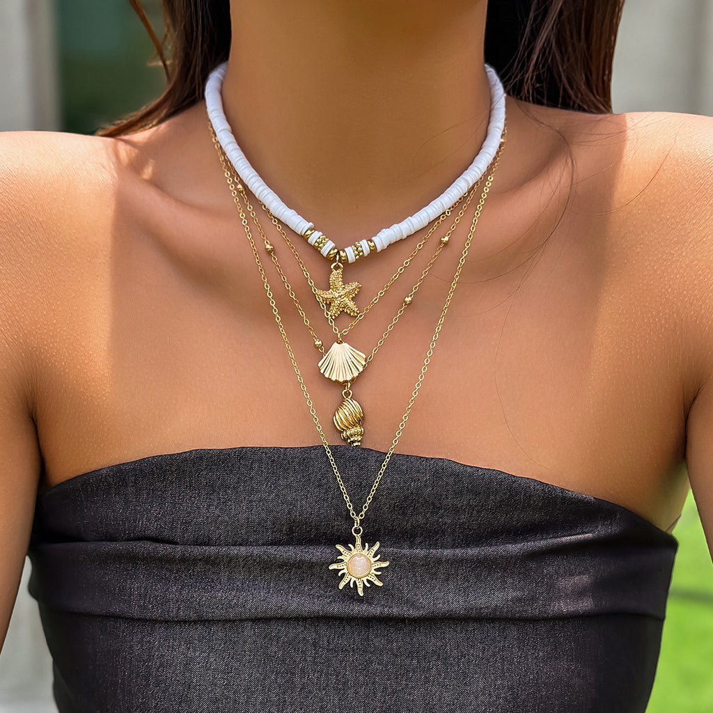 🌞 Necklace + Sunflower Multi-Layer Pearl Shell Necklace – Boho Summer