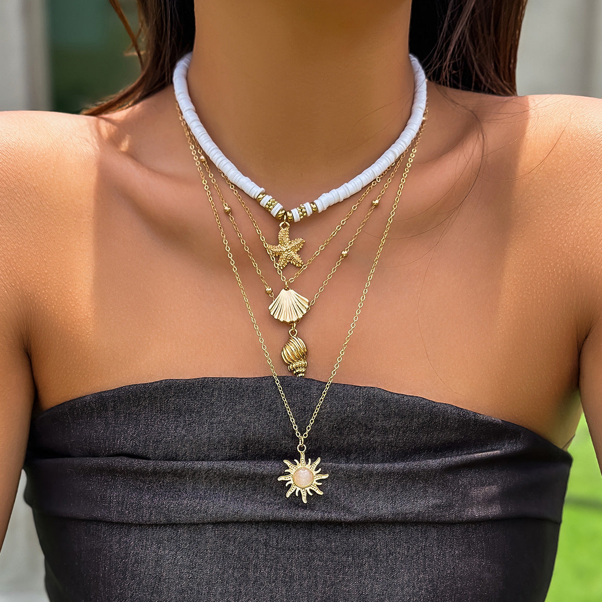 🌞 Necklace + Sunflower Multi-Layer Pearl Shell Necklace – Boho Summer