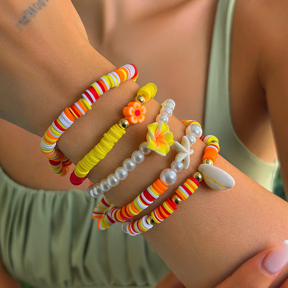 🐚 Bracelet Set + Starfish Shell Beaded Bracelet Duo – Ocean Floral Theme