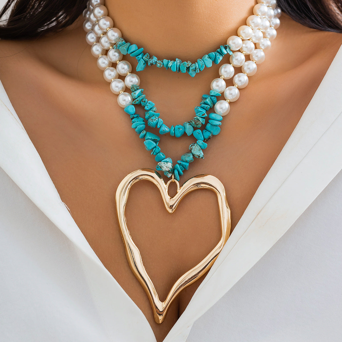 💖 Necklace + Pearl Bead Statement Necklace With Turquoise Heart