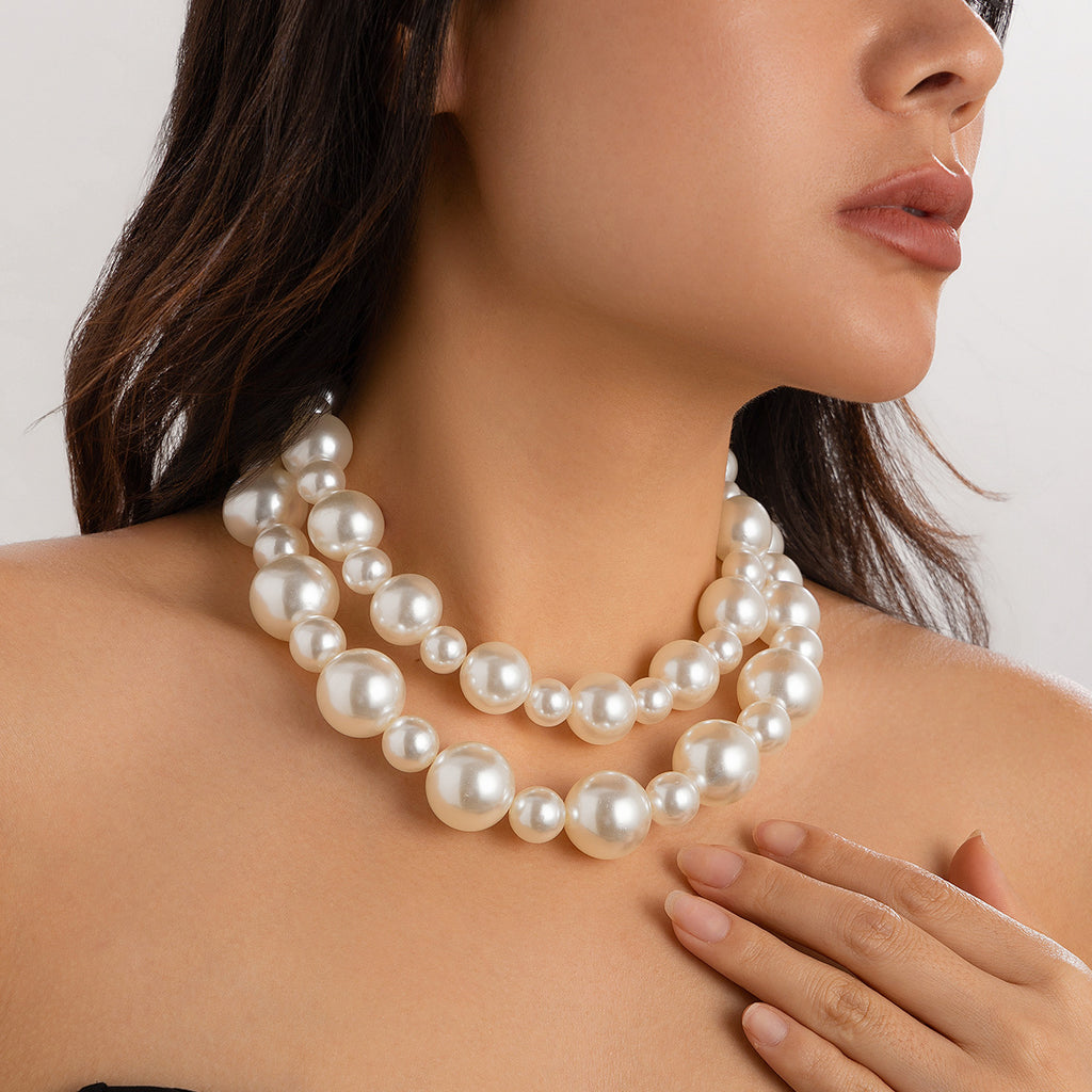 ⚪ Choker + Oversized Pearl Statement Necklace – Multi-Layer Design