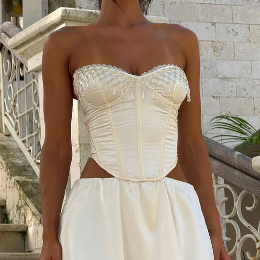 💎 Spicy | Pearl Lace Tie-Back Top — Sleek Boned Design