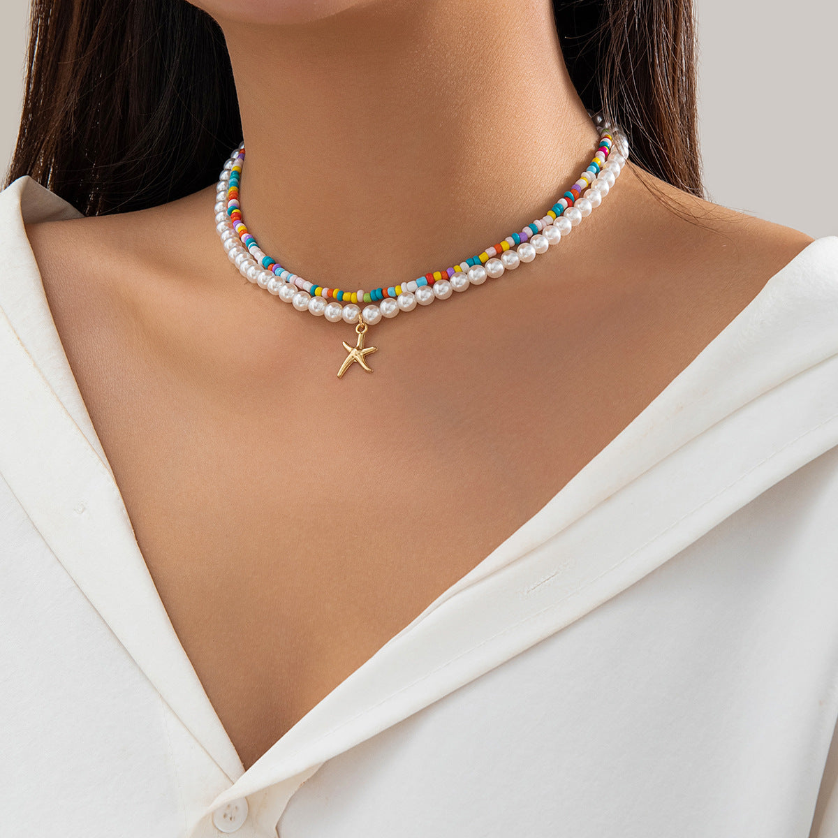🌊 Necklace + Beaded Starfish & Shell Necklace – Coastal Beach Style