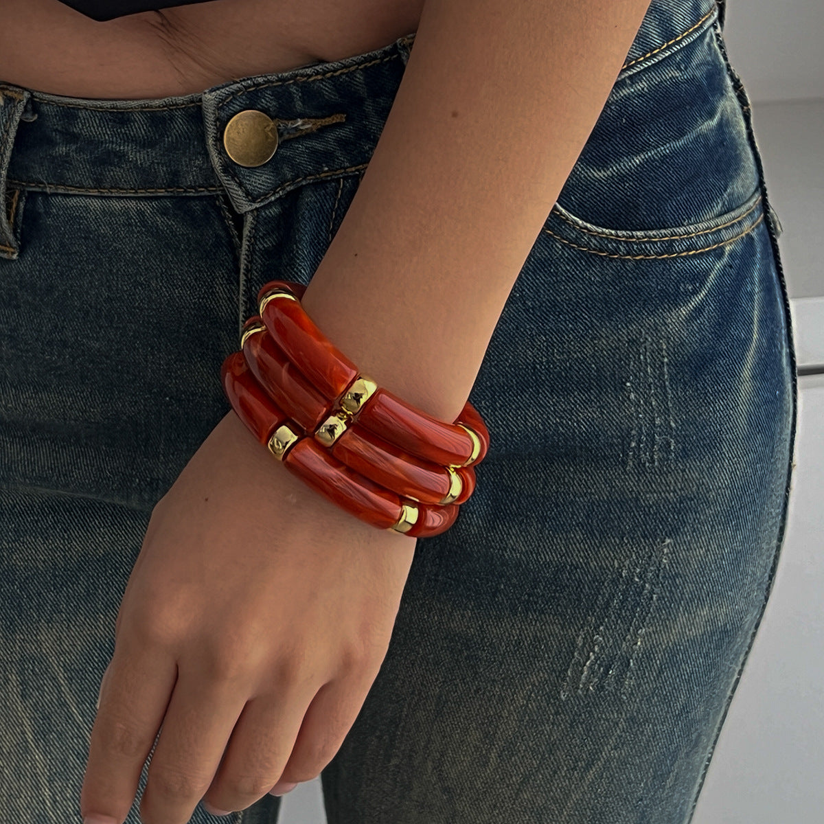 🎨 Bracelet Set + Tie-Dye Bead Bamboo Segment Bracelet Trio – Artistic Geometric