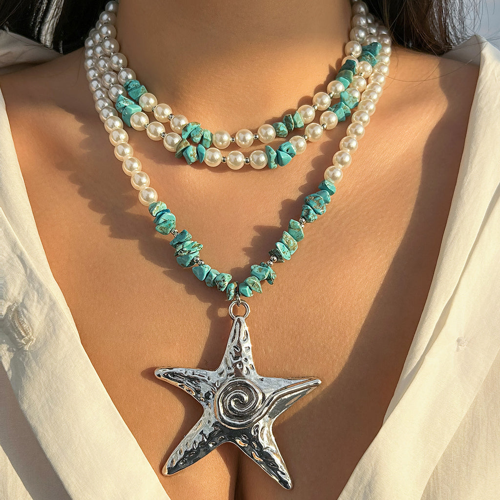🐚 Necklace + Oversized Starfish Pendant Necklace – Layered Ocean Style