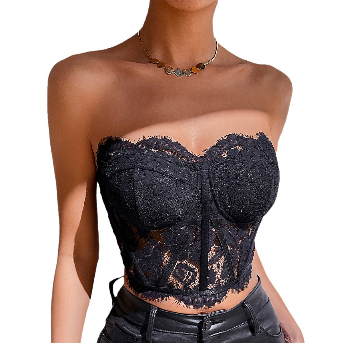 🎭 Spicy｜Black Lace Boned Corset Cropped Tank Top