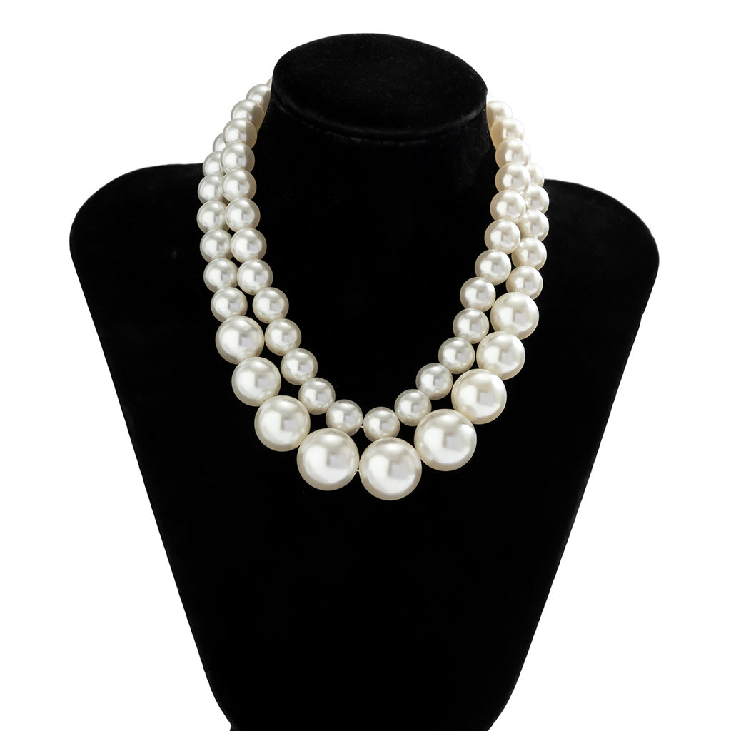 ⚪ Choker + Oversized Pearl Statement Necklace – Multi-Layer Design