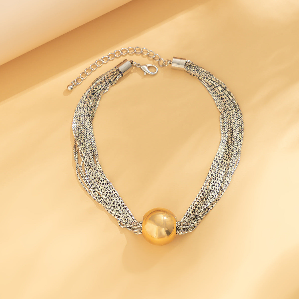 🧩 Choker + Multi-Layer Punk Chain Necklace – Geometric Round Beads