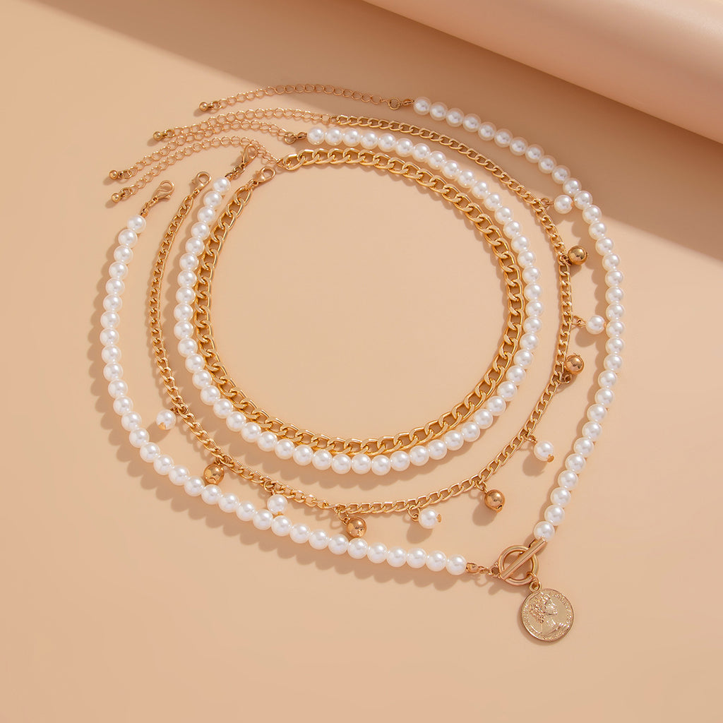 ⚪ Necklace + Elegant Pearl Beaded Necklace – Aluminum Chain Multi-Layer Look