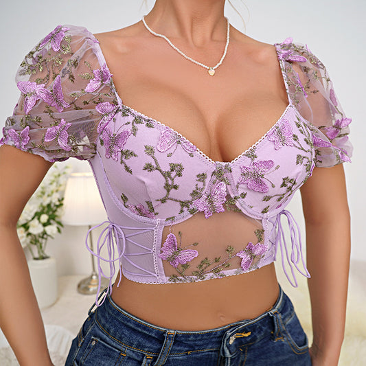 💘 Spicy | Puff-Sleeve Floral Lace Drawstring Blouse