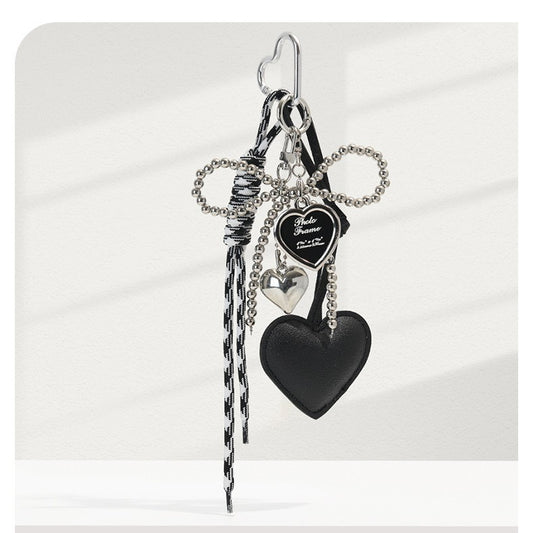 Silver Pearl Bow Leather Heart Keychain Charm — Miu-Inspired Dark Aesthetic