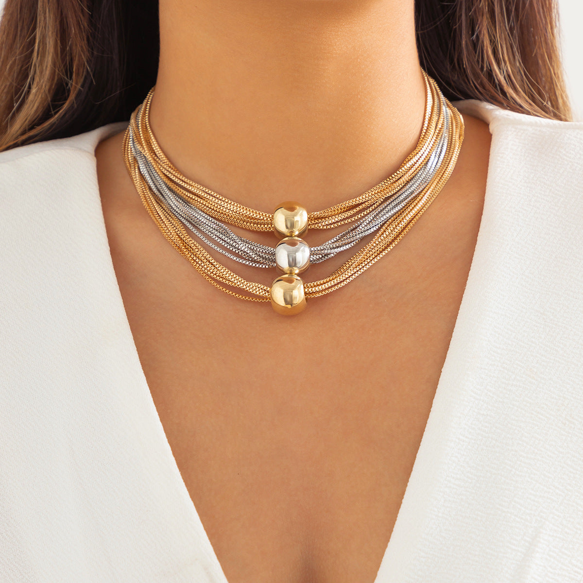 🧩 Choker + Multi-Layer Punk Chain Necklace – Geometric Round Beads
