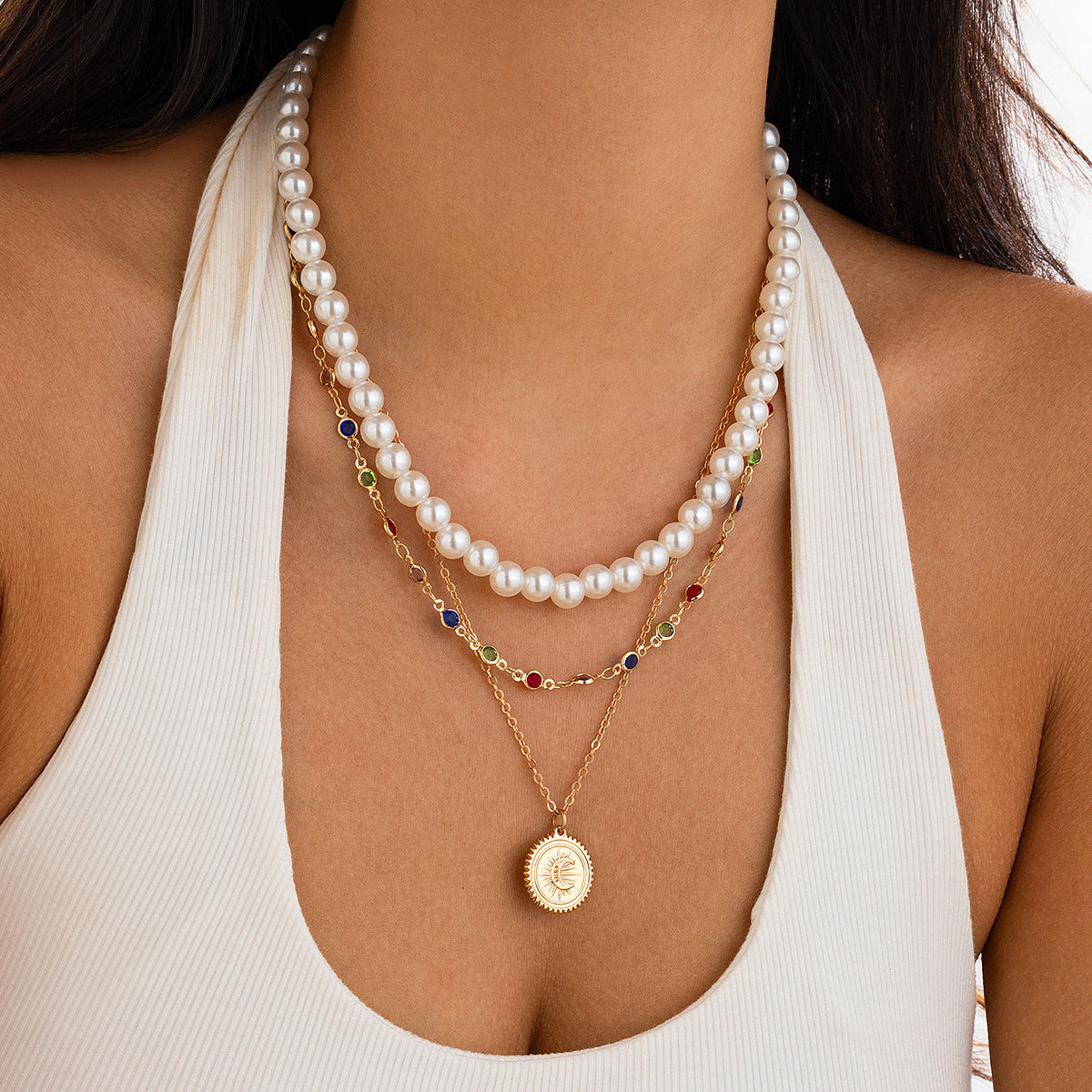 ✨ Necklace + Layered Pearl Crystal Necklace – Minimalist Disc Pendant