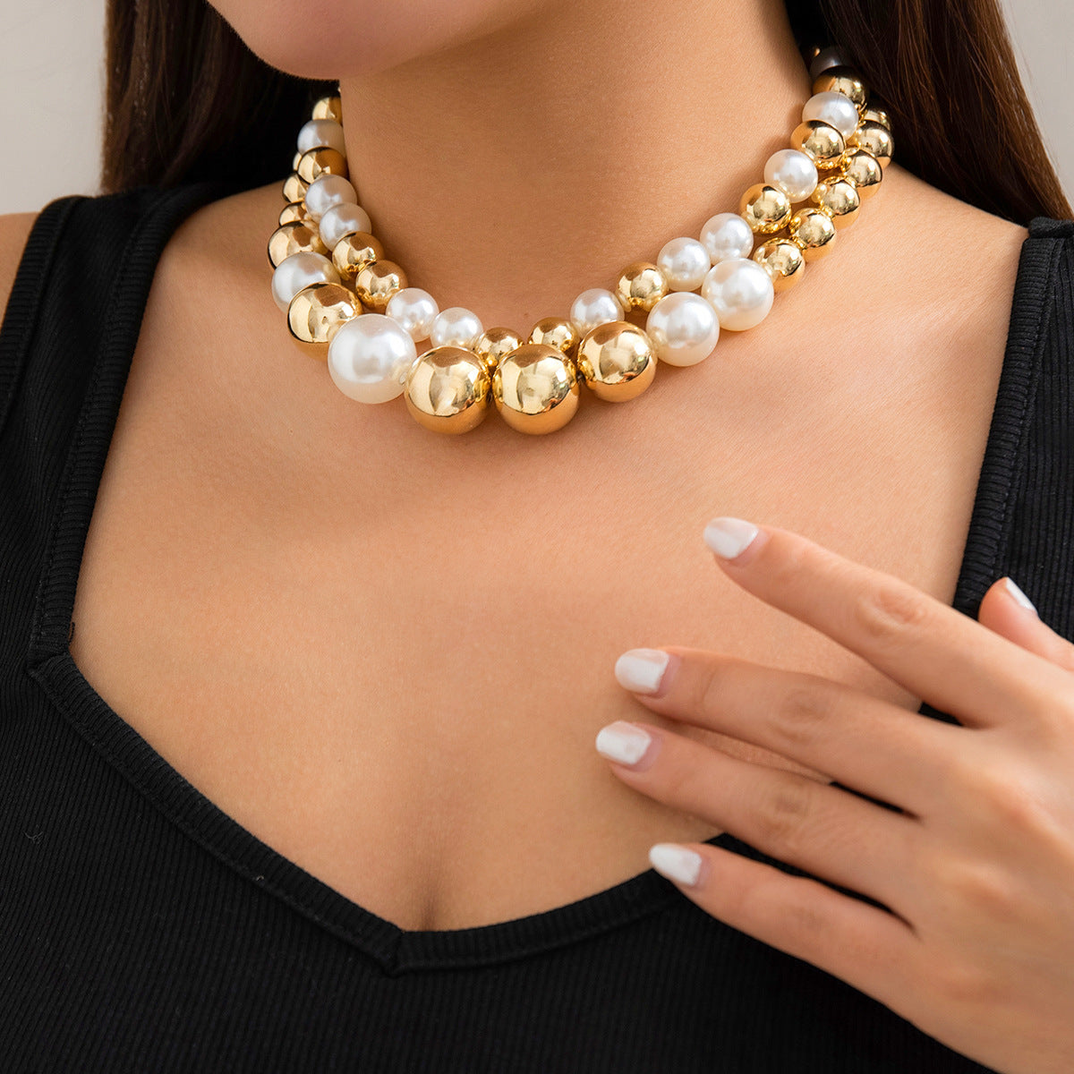⚪ Choker + Statement Giant Bead Short Necklace – Faux Pearl Punk Vibe