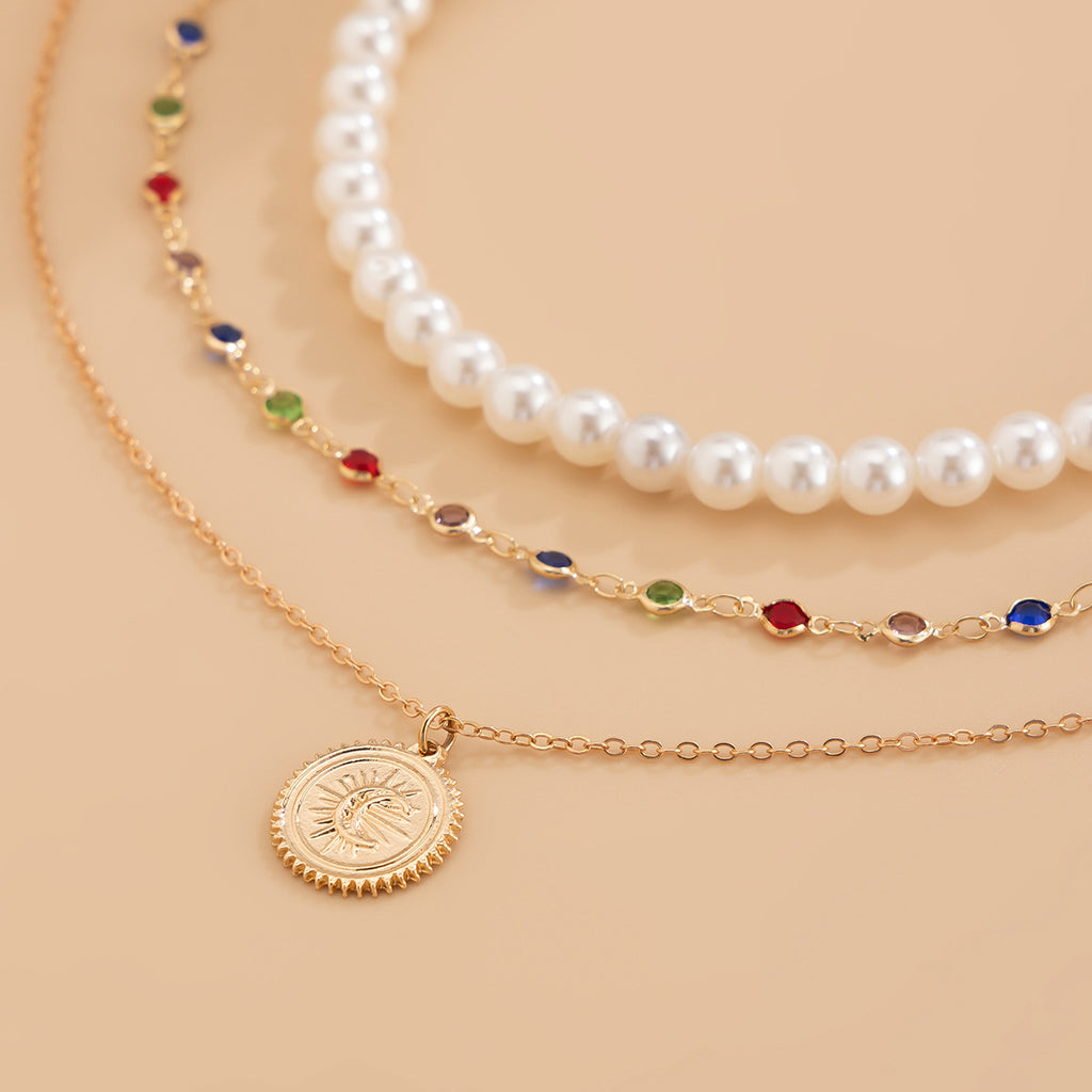 ✨ Necklace + Layered Pearl Crystal Necklace – Minimalist Disc Pendant