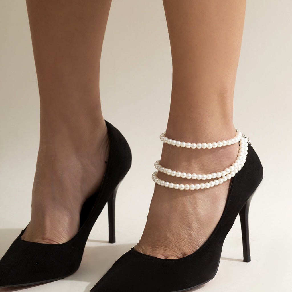 🧵 Anklet + Multi-Layer Beaded Pearl Anklet With Geometric Fringe