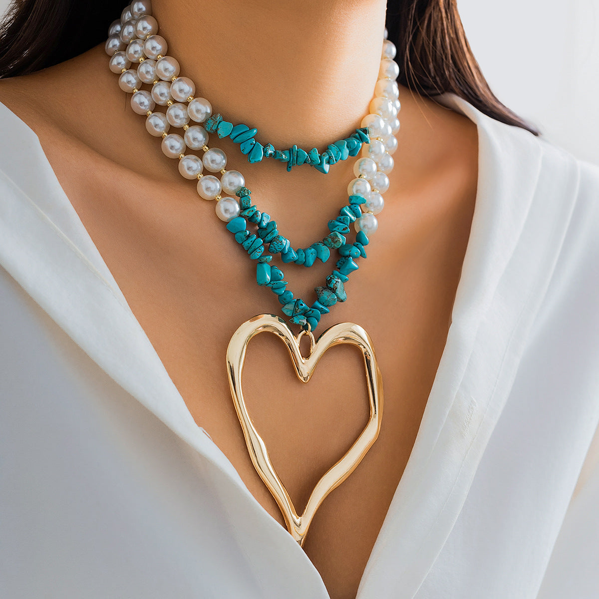 💖 Necklace + Pearl Bead Statement Necklace With Turquoise Heart