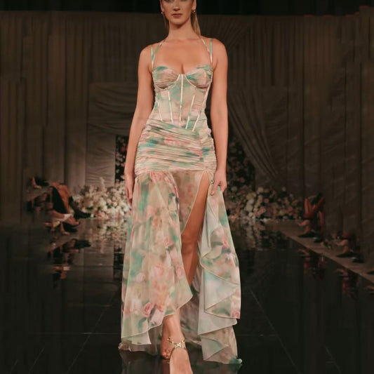 🌺 Spicy｜Slit Floral Fishbone Lingerie Dress with Print Detail