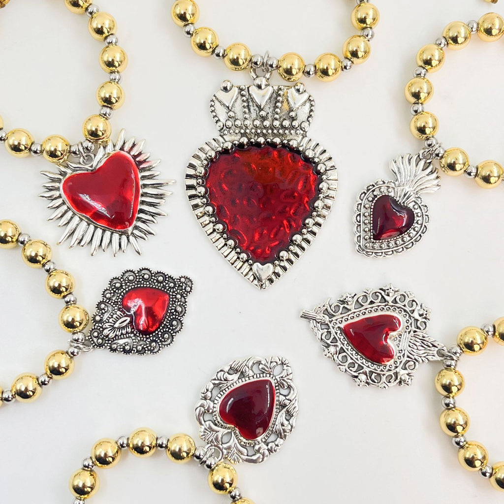 ❤️ Bracelet + Red Beaded Silver Enamel Heart Charm