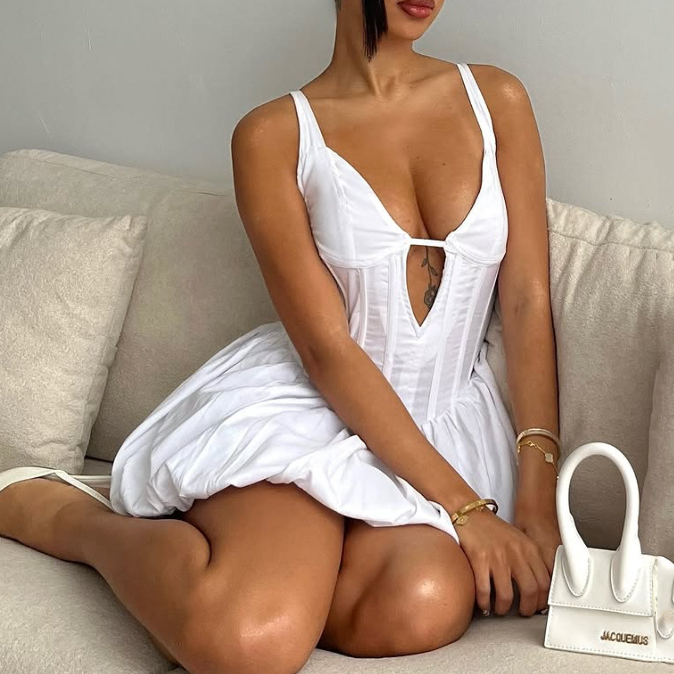 🫧 Spicy | Puff Hem Satin Dress — Pure Sweetheart V-Neck