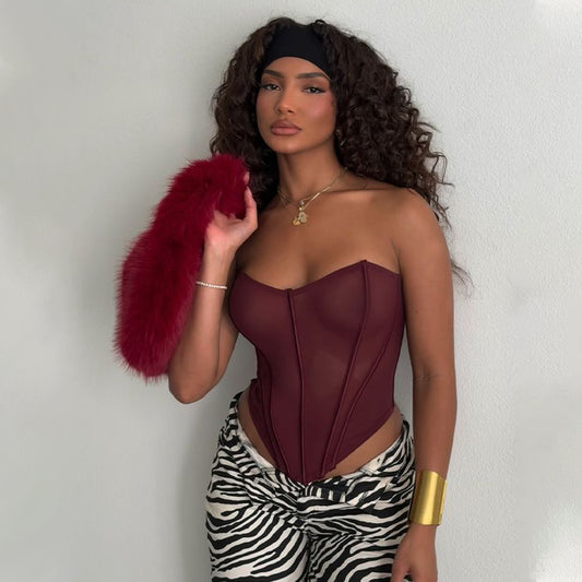 💋 Spicy｜Mesh Panel Lace Boned Strapless Crop Top