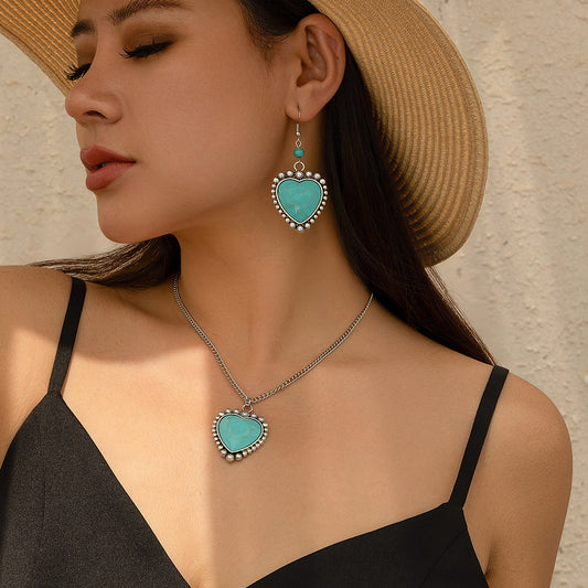 🌴 Necklace Set + Turquoise Coconut Tree Pendant – Heart Charm Summer Set