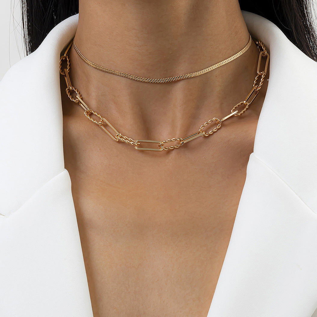🧵 Necklace + Double-Layer Knotted Punk Chain Necklace – Street Metal Style