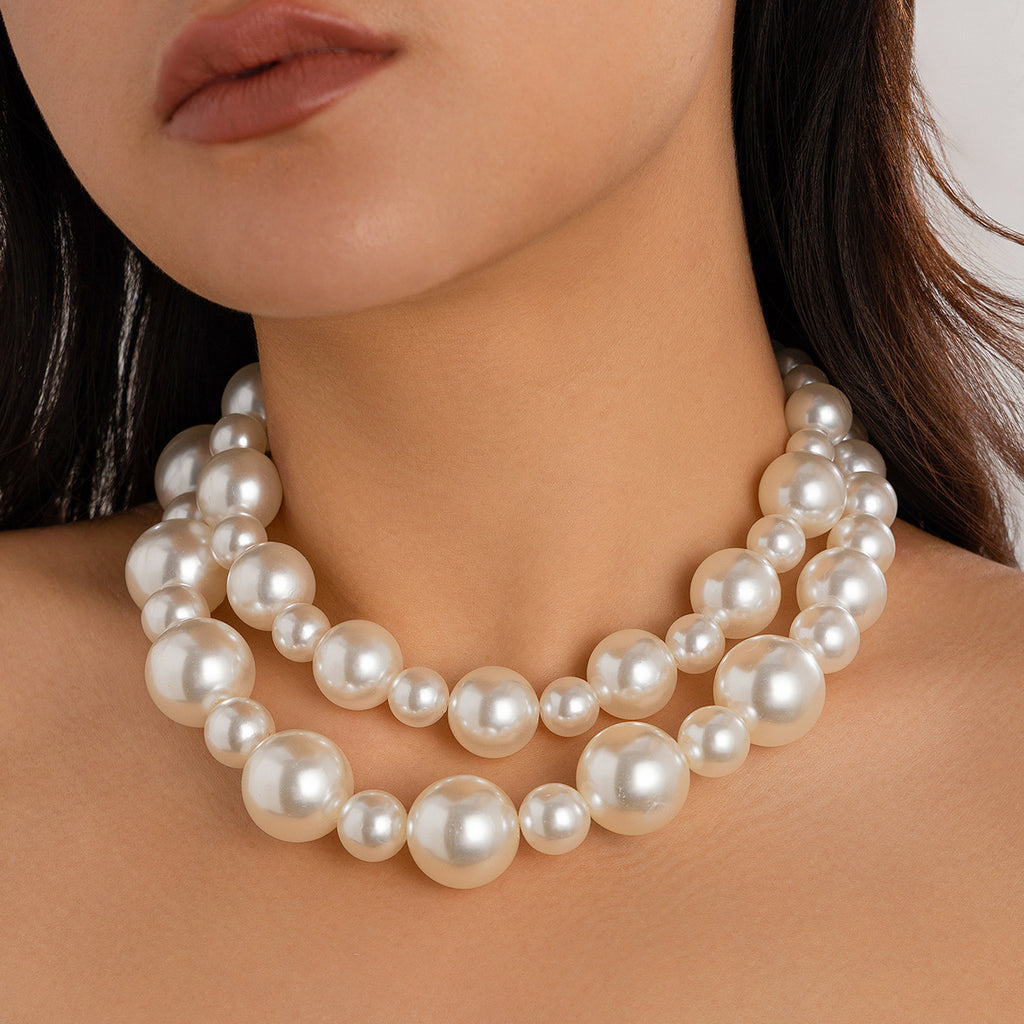 ⚪ Choker + Oversized Pearl Statement Necklace – Multi-Layer Design