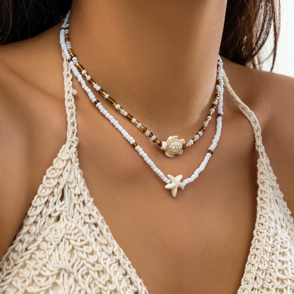 🌊 Necklace + Beaded Starfish & Shell Necklace – Coastal Beach Style