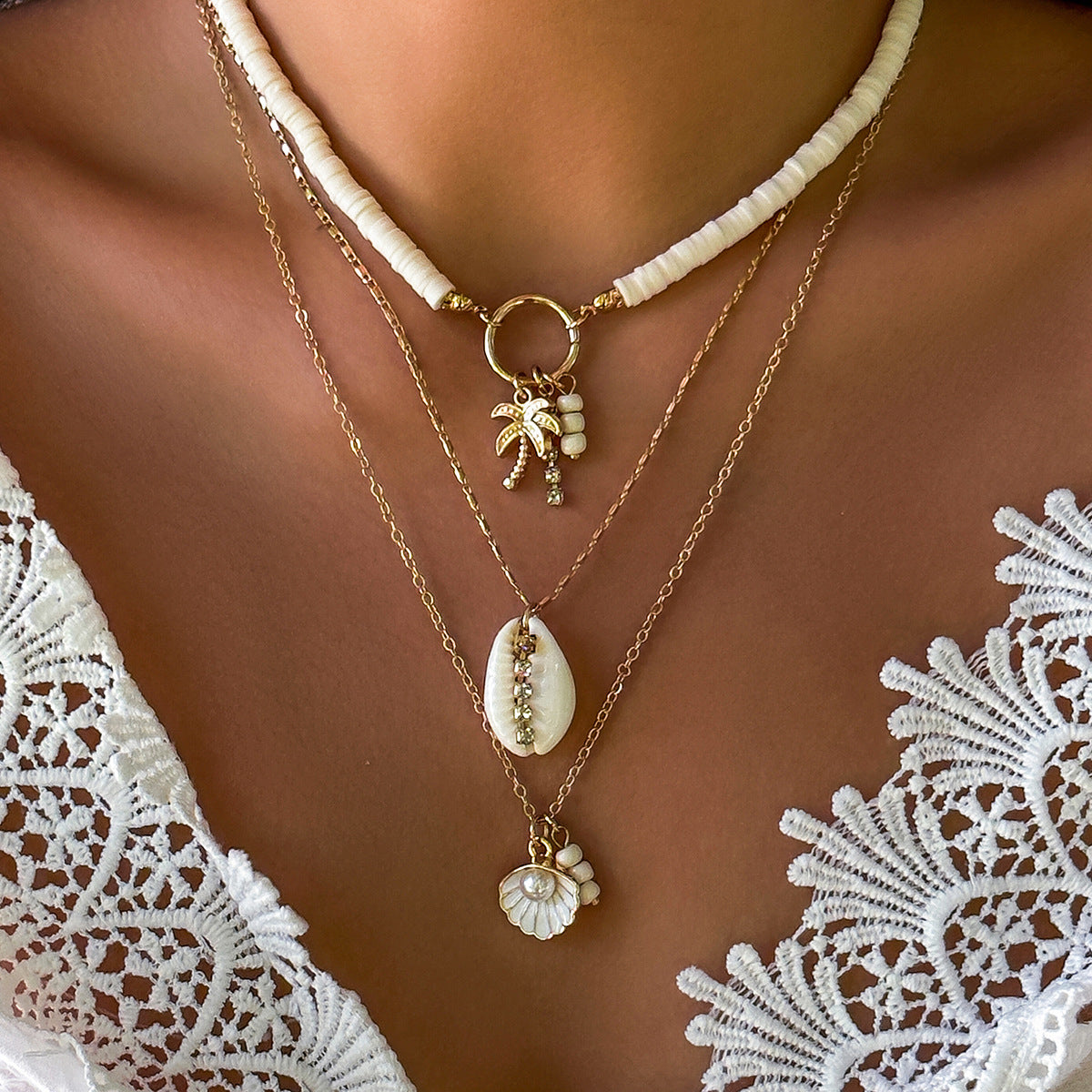 🌞 Necklace + Sunflower Multi-Layer Pearl Shell Necklace – Boho Summer
