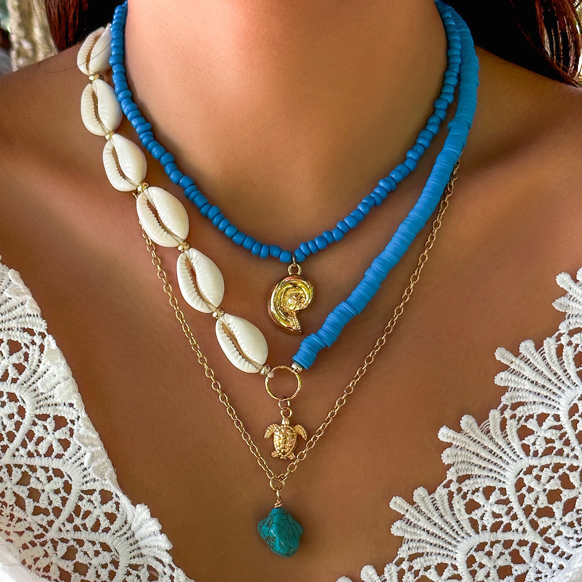 🌞 Necklace + Sunflower Multi-Layer Pearl Shell Necklace – Boho Summer