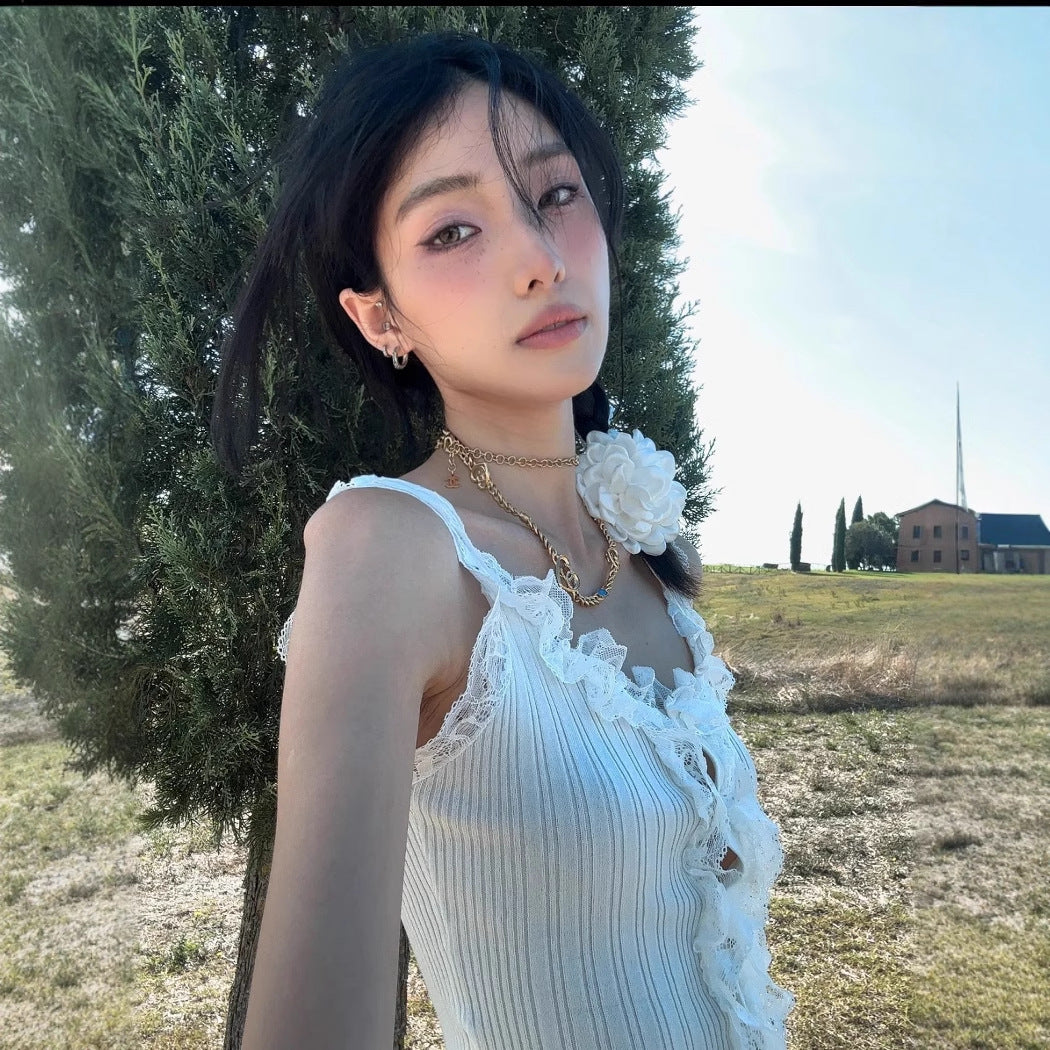 🖤 Spicy｜White Lace Trim Bustier Crop Top