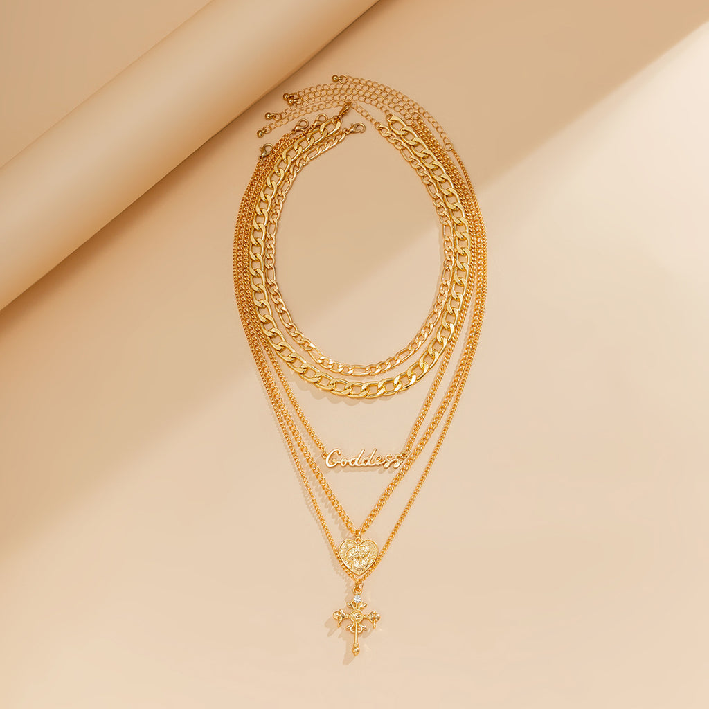 🧍 Necklace + Layered Cameo Cross Pendant – Gothic Letter Chain