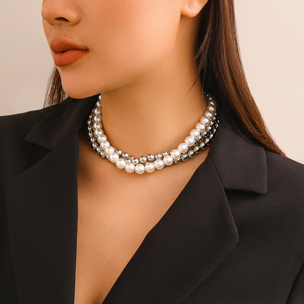 🖤 Choker + Punk Pearl Bead Geometric Statement Necklace