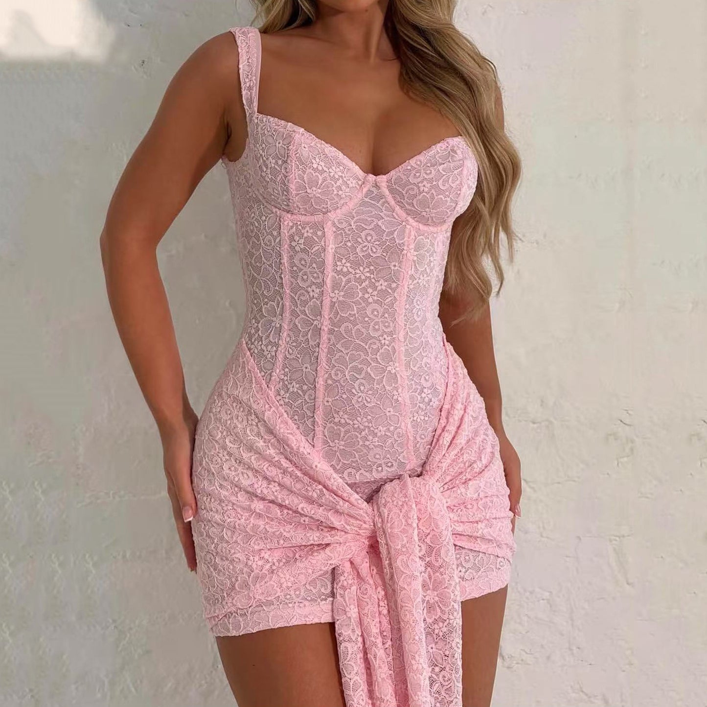 🖤 Spicy｜Deep V Lace Tie-Up Boned Slim Fit Bodycon Dress
