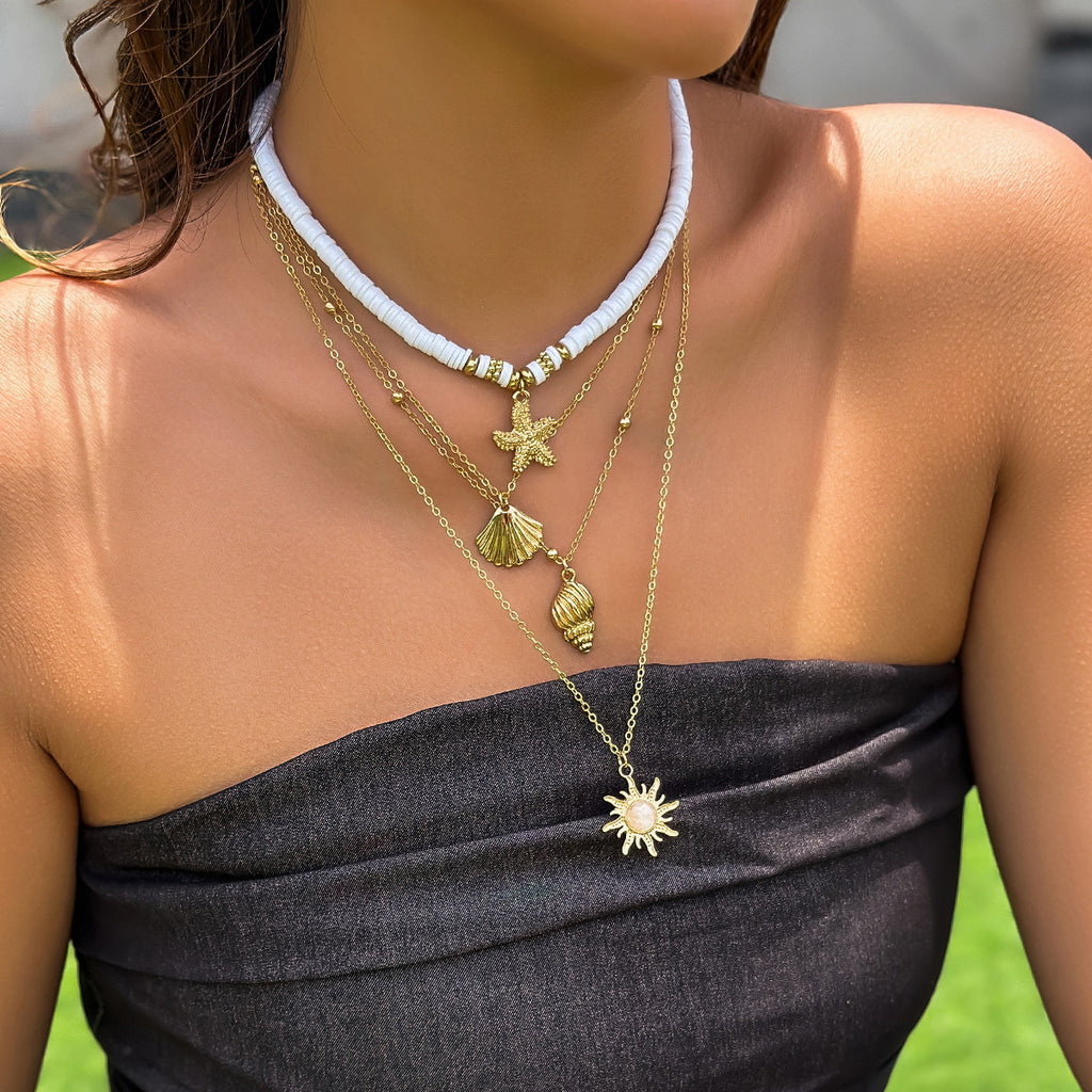 🌞 Necklace + Sunflower Multi-Layer Pearl Shell Necklace – Boho Summer
