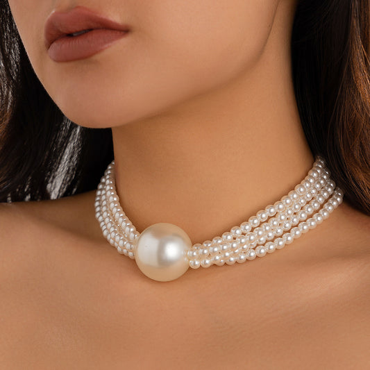 🔮 Necklace + Oversized Pearl Bead Pendant Necklace – Multi-Layer Street Vibe