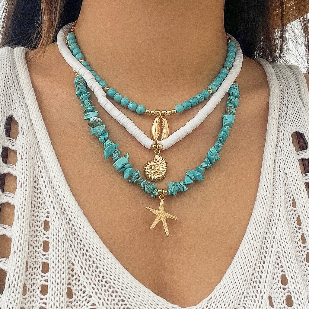 🐚 Necklace + Multi-Layer Shell & Turquoise Beaded Necklace – Ocean Vibe