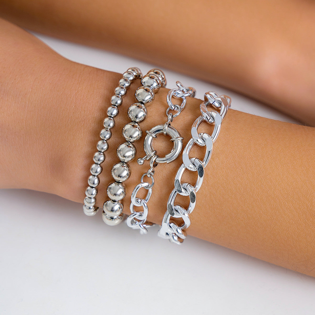 🎱 Bracelet + Bold Punk Multi-Layer Chain Bracelet – Geometric Round Beads