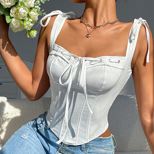💎 Spicy | Ribbon-Tie Boned Square-Neck Crop Top