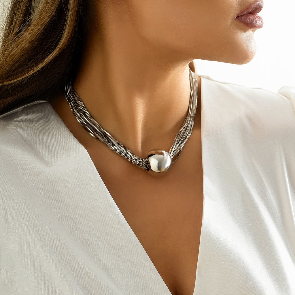 🧩 Choker + Multi-Layer Punk Chain Necklace – Geometric Round Beads