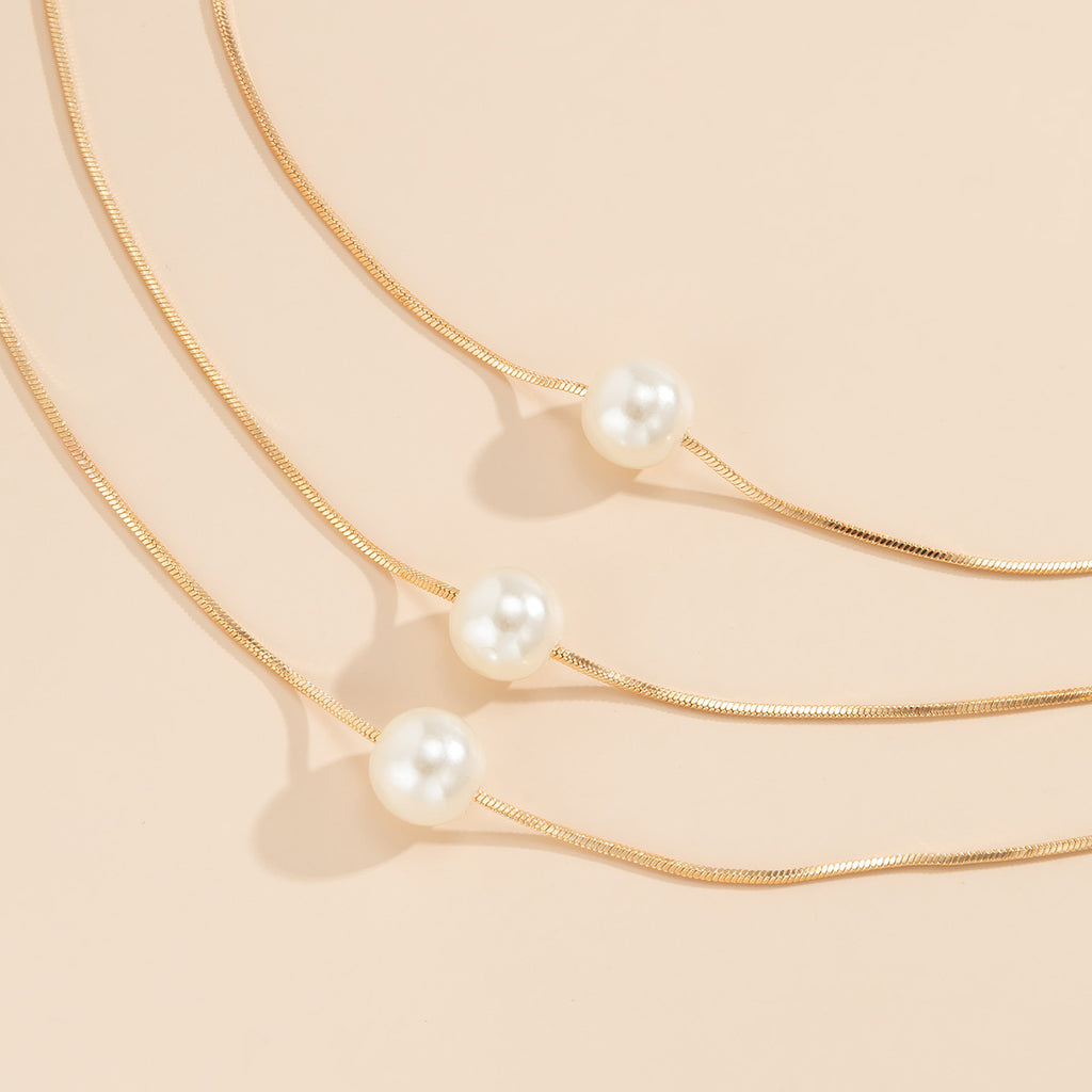 🎀 Necklace + Layered Pearl Pendant Necklace – French Snake Chain Style