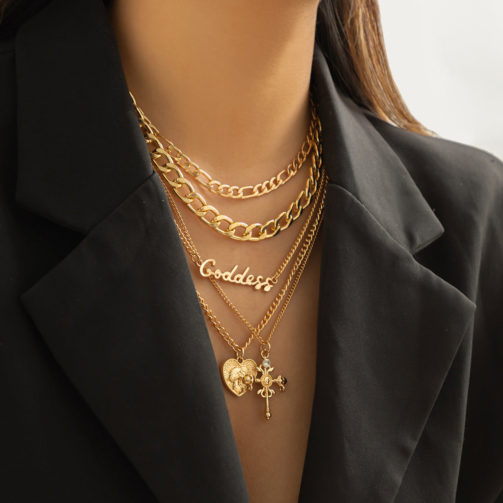 🧍 Necklace + Layered Cameo Cross Pendant – Gothic Letter Chain